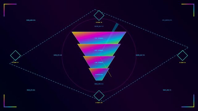 A vibrant conversion funnel graphic displays multiple color layers stacked vertically on a dark digital display grid with glowing geometric outlines for professional data analysis presentations
