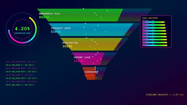 Three panel digital conversion funnel interface showing glowing data charts and shifting metrics within a dark virtual environment focused on measuring user movement and engagement rates