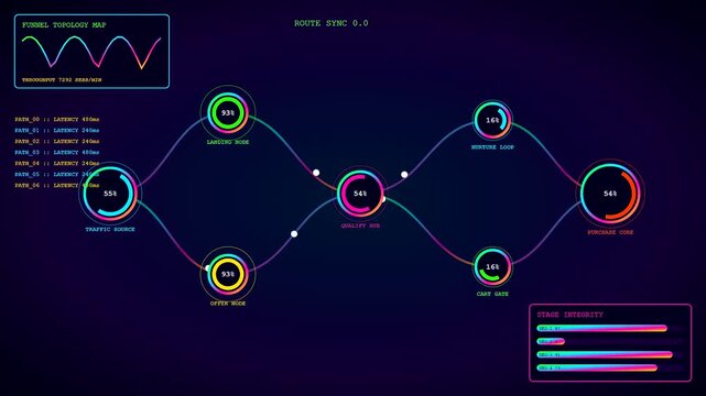 Digital conversion funnel animation displaying live flow patterns with circular metrics and fluctuating graphical data points shown against a deep dark purple atmospheric light field