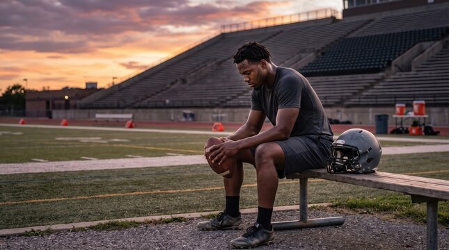 High school male football player sitting on bench holding ball with helmet beside him on empty stadium sideline at sunset in contemplative mood