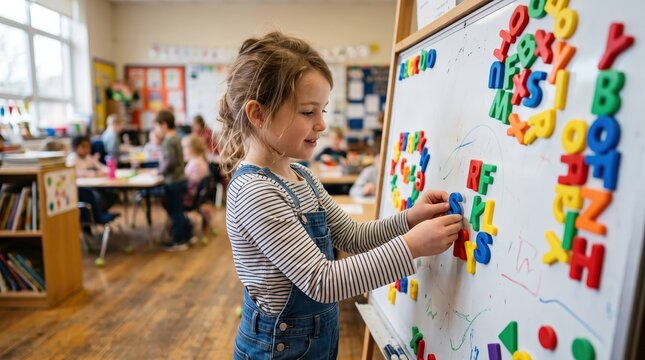 Young girl arranging magnetic letters on classroom whiteboard during lesson, elementary school activity with other children and teacher in warm learning environment encouraging literacy and play