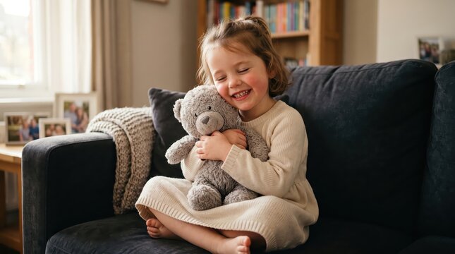 Little girl hugging grey teddy bear on dark couch in cozy living room, relaxed home moment showing comfort, childhood toy bond and warm domestic atmosphere