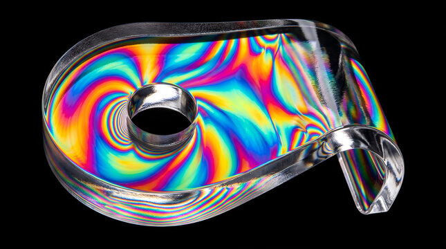Transparent plastic object showing colorful birefringence interference patterns under polarized light against black background