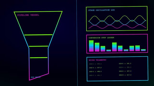 A digital conversion funnel display presents changing line graphs and colorful bar charts on a dark screen featuring shifting numerical data in a neon interface