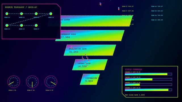 A digital conversion funnel displays shifting metrics on a dark screen with animated nodes and gauges showing fluctuating data points in a virtual monitoring interface