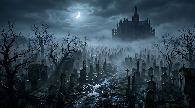 Medieval gothic cemetery under silver moonlight in rolling fog