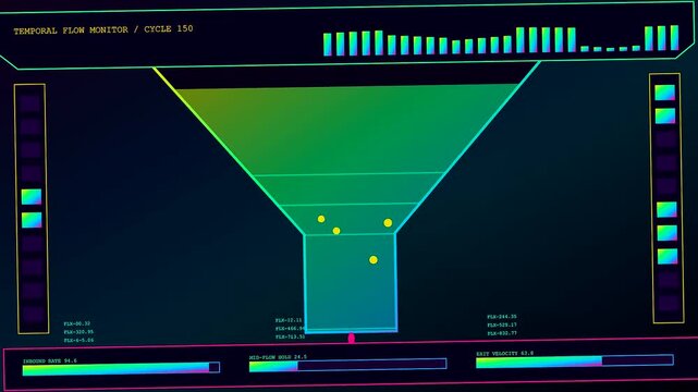 A digital conversion funnel display presents flow variations across three separate cycles showing shifting data points plotted inside luminous neon geometric shapes on dark screens