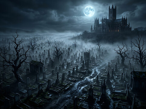 Medieval gothic cemetery under silver moonlight in rolling fog