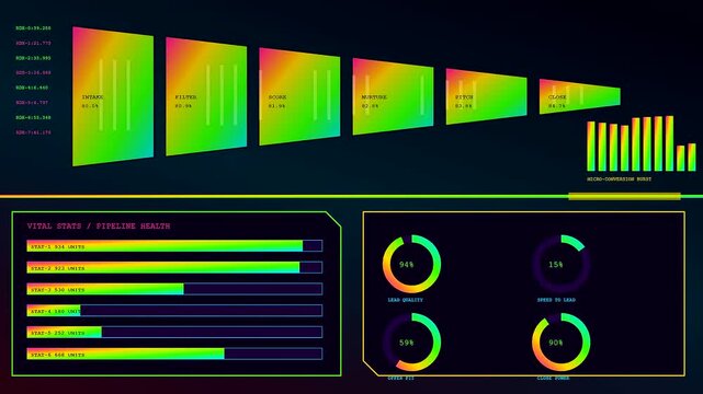 a colorful digital conversion funnel displays dynamic metrics and geometric charts across three separate panels in a dark room setting with glowing data points for analysis