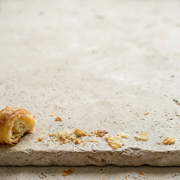 Delicate croissant flakes on a pale stone background