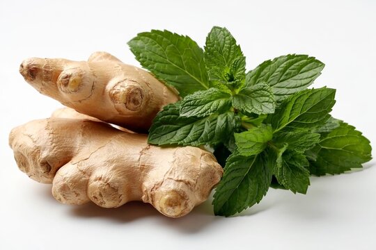 Ginger root mint leaves illustration set, herbal cooking eco festive vector artwork