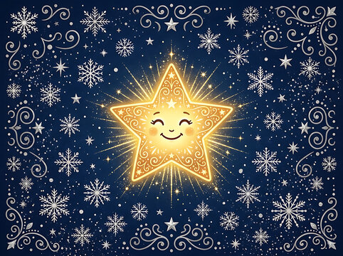 Whimsical Christmas star illustration with snowflakes on navy blue