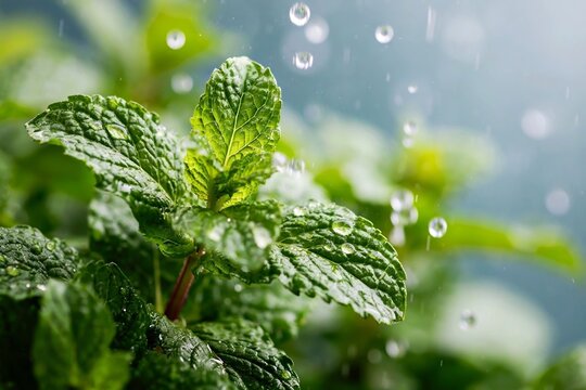 Mint leaves rainfall water droplets illustration set, fresh herbal eco festive vector artwork