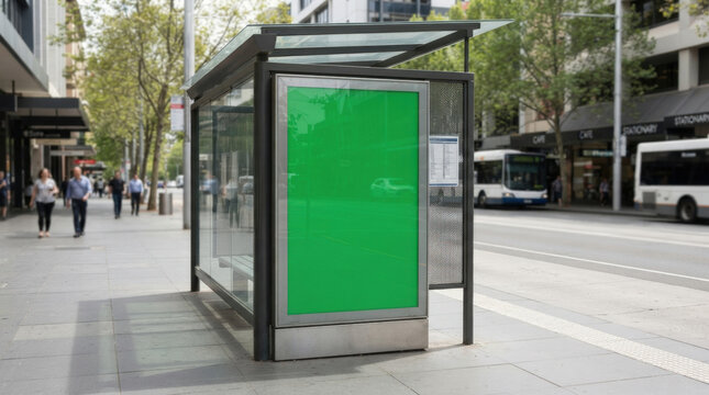 Vertical green screen advertisement panel at modern bus stop on city street for commercial display.
