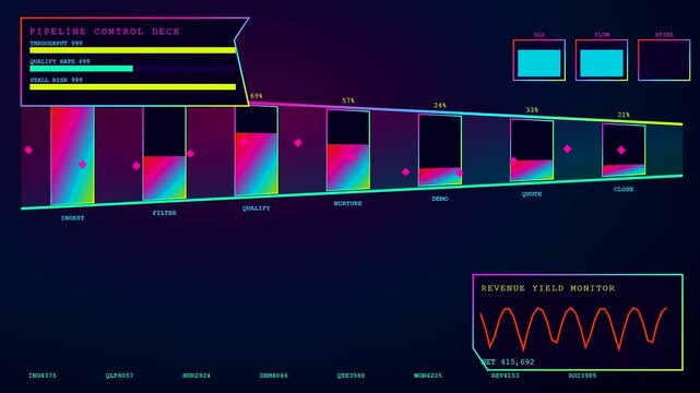 a colorful conversion funnel data display showing changing metrics on a dark screen with glowing bars and wave charts that update in real time