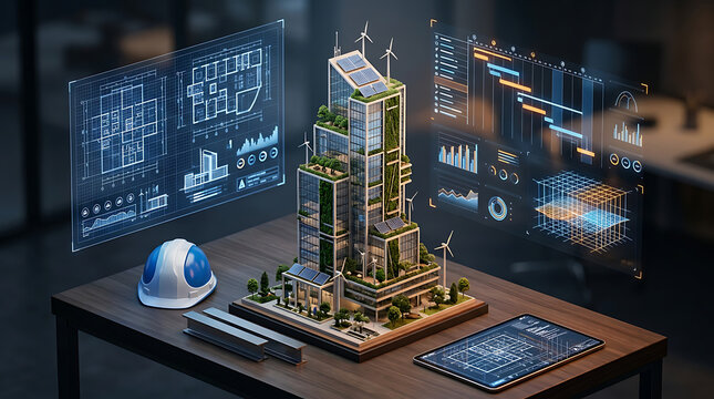 Futuristic eco-friendly skyscraper architectural model with digital blueprints
