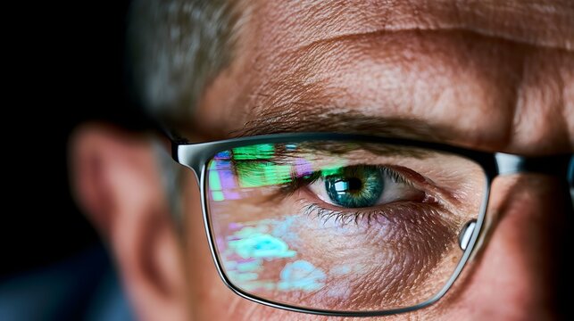 Human eye looking closely at glowing digital screen reflections in glasses displaying colorful complex data patterns during late night work