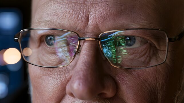 Senior man wearing spectacles with bright digital data code reflecting on his lenses while working late on computer screens close