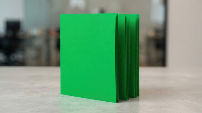 Abstract stack of vibrant green paper sheets providing textured surface for creative design projects displayed on smooth neutral table top backdrop.