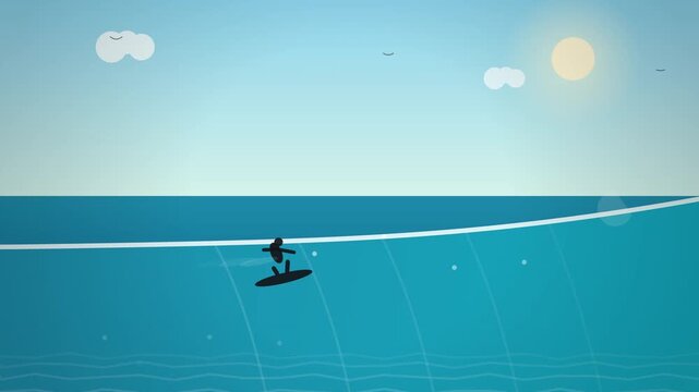 Animated surfer gliding smoothly across vibrant ocean waves under bright sky with cloud dotted sky subtle wave motion gentle camera tracking effortlessly along gradient captures stylized surfer sun