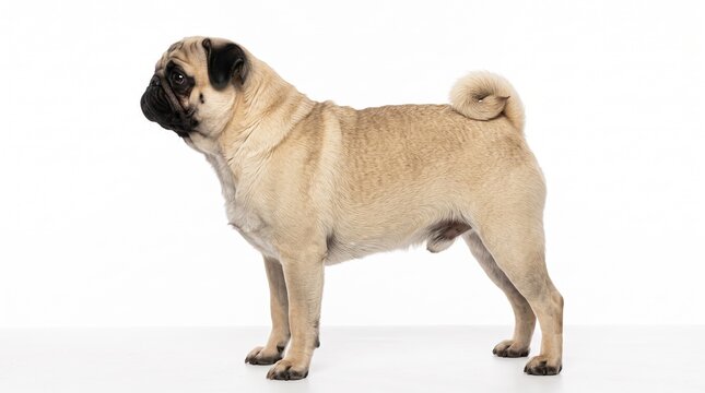 fawn pug dog standing sideways looking to the left