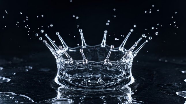Macro shot of water splash forming a crown shape on dark surface