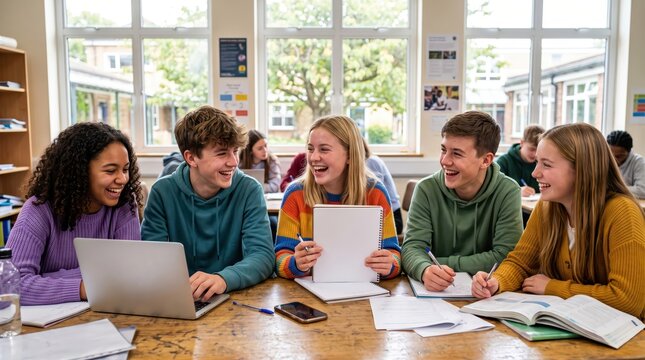 High school students laughing and studying together around table with laptop and notebooks; diverse teenagers collaborating on group project in bright classroom