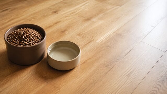 ペットフードと水の備蓄 陶器の器と余白のある明るい木の床