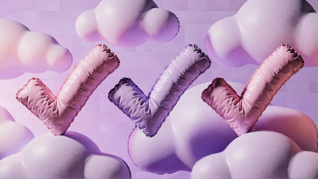 3D check marks floating above soft purple clouds representing success and task completion