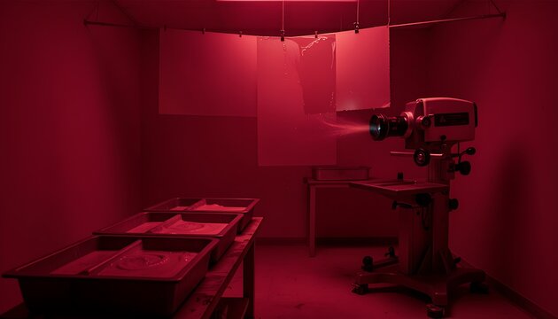 Analog photography darkroom interior illuminated by red safelight with enlarger and chemical trays