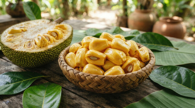 Fresh jackfruit pods arranged in wooden bowl with sliced fruit half on rustic table surface for tropical healthy diet culinary food background.