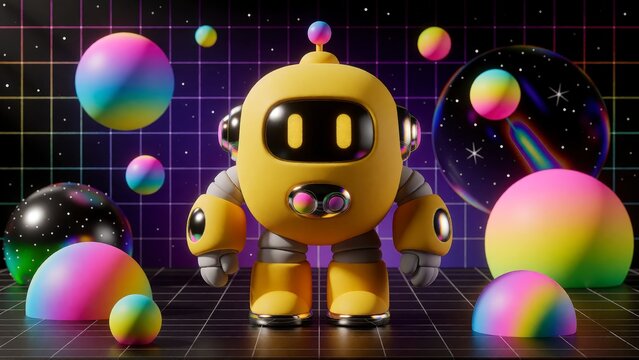 Cute yellow robot character standing in a vibrant retro synthwave space environment