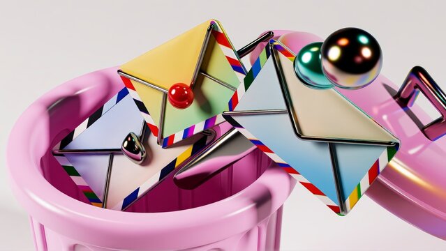 Colorful airmail envelopes discarded in a pink trash bin, concept of spam and junk mail.