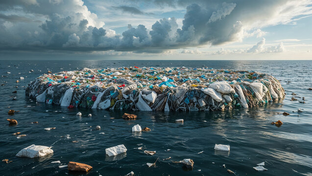 Massive accumulation of plastic waste floating in the ocean, a floating island of trash