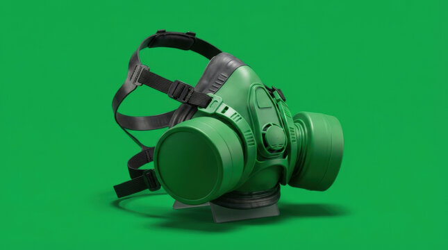 Industrial respiratory protective mask colored in bright green featuring dual filters and adjustable head straps for workplace safety protocols.