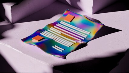 Naklejka premium Iridescent holographic paper sheet with white lines and orange blocks on white surface