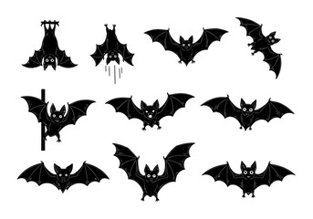 Fototapeta premium Collection of black silhouette bats in various flying and hanging poses for spooky halloween graphic design projects and decorations
