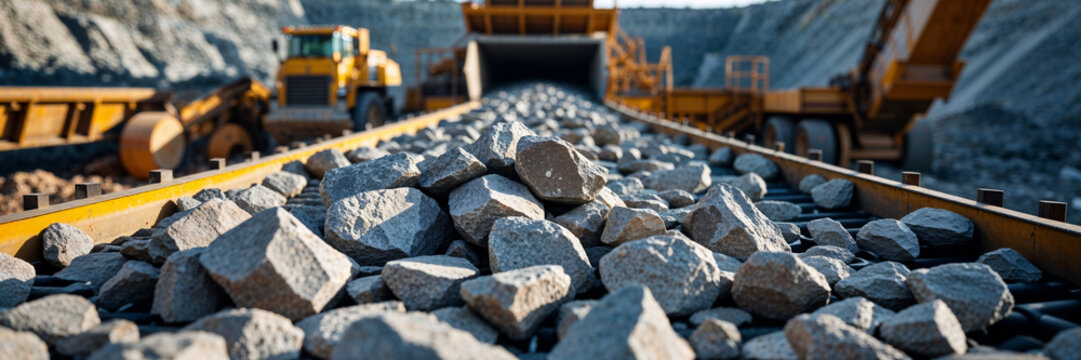 Conveyor belt transporting large rocks and gravel at a quarry site