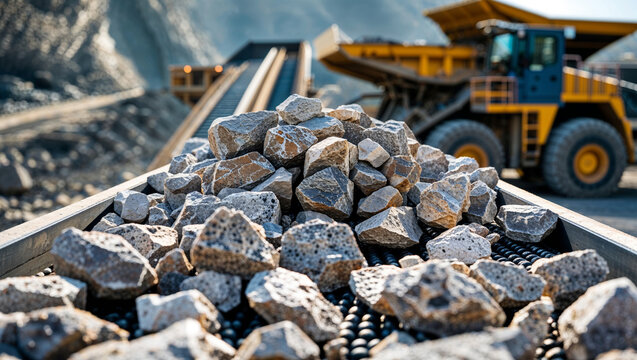 Mining operation with heavy machinery and piles of extracted rocks