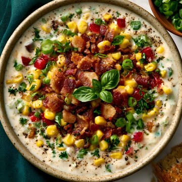 Creamy corn chowder topped with crispy bacon, fresh herbs, and red pepper