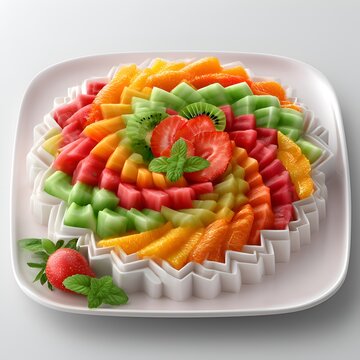 Refreshing fruit platter arranged in a spiral pattern on a white square plate