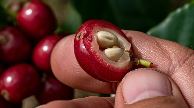Freshly opened ripe red coffee cherry revealing pale seeds inside in an extreme macro view