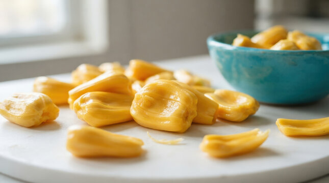 Scattered yellow jackfruit pods spread across white marble countertop featuring teal bowl for delicious vegan meal prep and food styling.