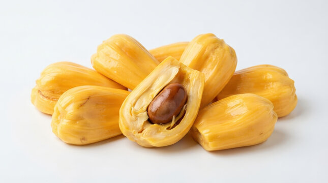Sweet yellow jackfruit bulb containing brown seed displayed on plain white background for tropical food photography and healthy diet concept.