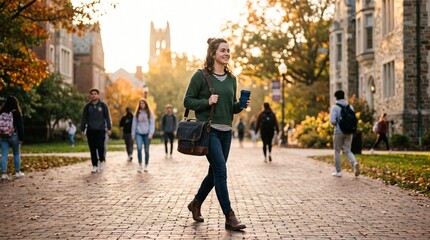 Obraz premium Young woman student walking on university campus brick pathway during autumn sunset.