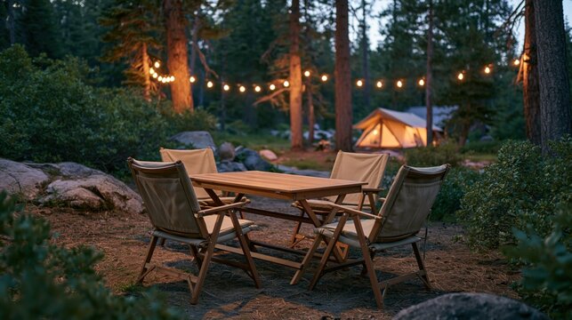 Peaceful outdoor camping scene with wooden table chairs and glowing string lights in a pine forest