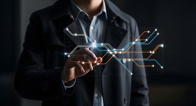 Professional's hand interacting with a glowing digital network interface, illustrating the profound concept of future technology, data connectivity, and innovative solutions for the modern world