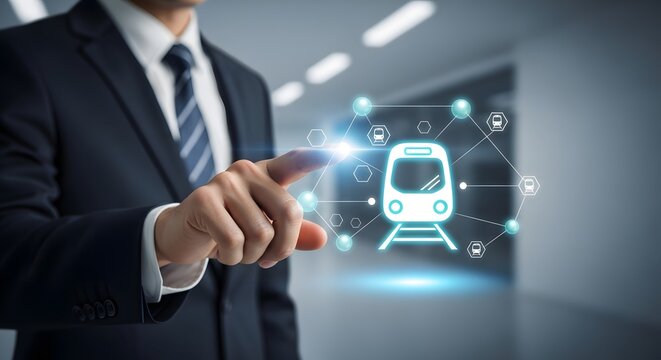 Businessman interacting with smart digital rail transport technology and logistics management interface