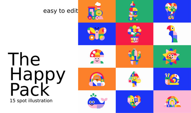 15 Happy Geometric Character Illustrations &ndash; Colorful Editable Vector Pack