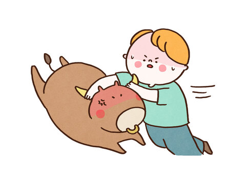 Man grabbing a bull by the horns to stop it, Take the bull by the horns idiom concept